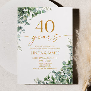 Green Eucalyptus Gold 40th Wedding Anniversary Invitation