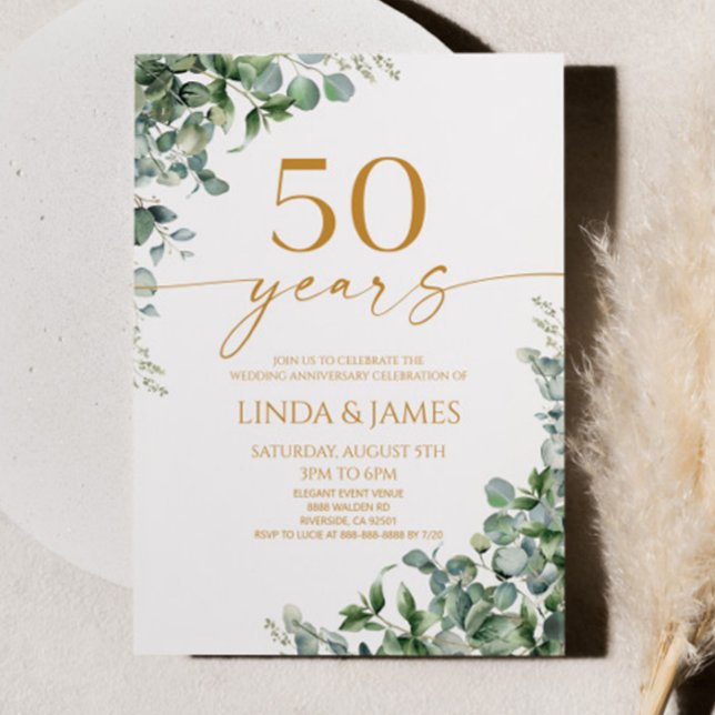 Green Eucalyptus Gold 50th Wedding Anniversary Invitation (Creator Uploaded)