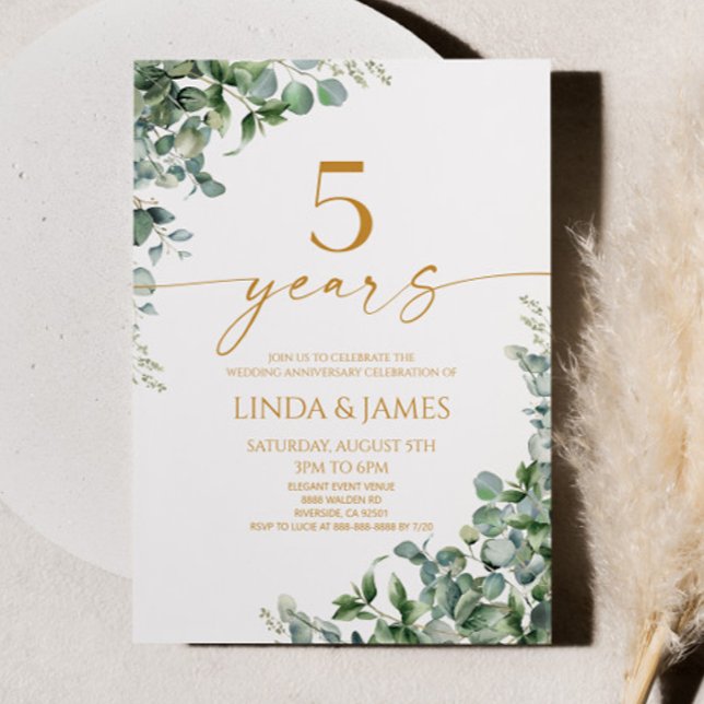 Green Eucalyptus Gold 5th Wedding Anniversary Invitation (Creator Uploaded)
