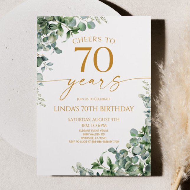 Green Eucalyptus Gold 70th Birthday Party Invitation (Creator Uploaded)