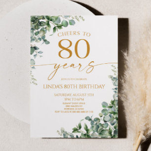 Green Eucalyptus Gold 80th Birthday Party Invitation