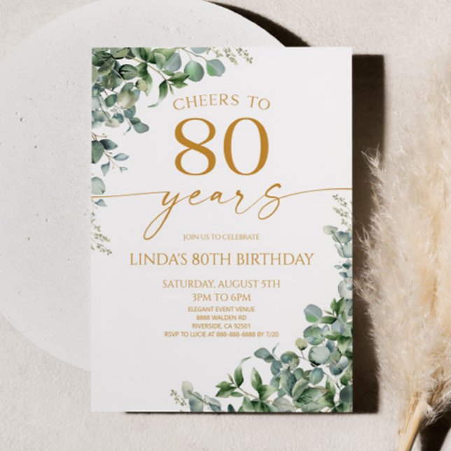 Green Eucalyptus Gold 80th Birthday Party Invitation (Creator Uploaded)