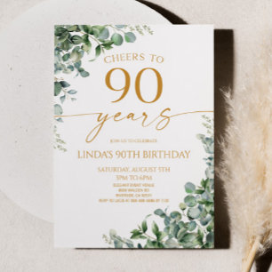 Green Eucalyptus Gold 90th Birthday Party Invitation