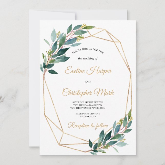 Green eucalyptus gold geometric wedding Invitation (Front)