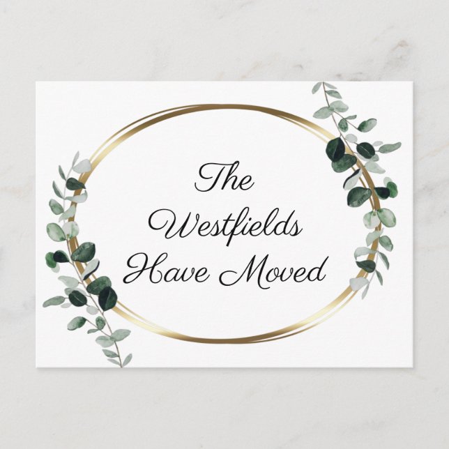 Green Eucalyptus Gold Metallic New Address Announcement Postcard (Front)