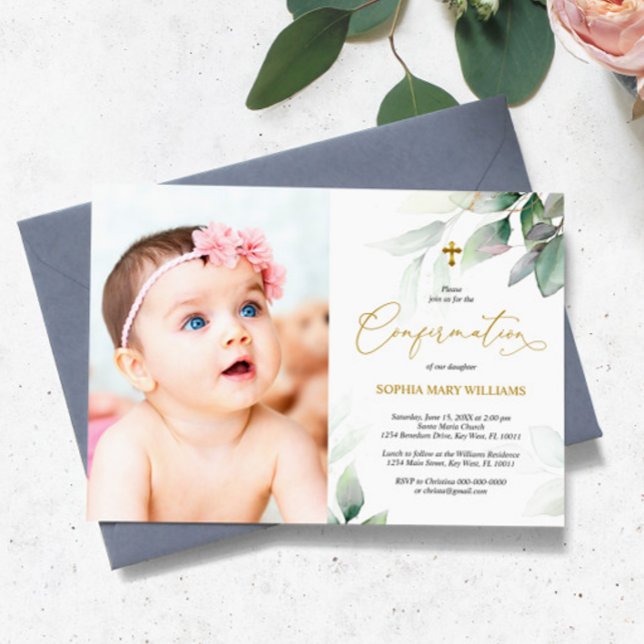 Green Eucalyptus & Gold Photo Girl Confirmation Invitation (Creator Uploaded)