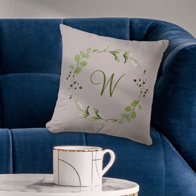 Green Eucalyptus & Leaf Wreath Script Monogram Cushion (Green Eucalyptus & Leaf Wreath Script Monogram Throw Pillow
)