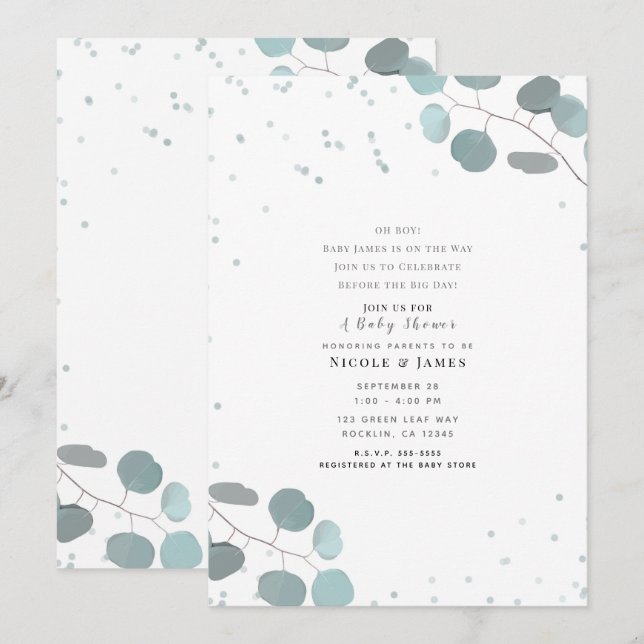 Green Eucalyptus Leaves Baby Shower Boy or Girl Invitation (Front/Back)