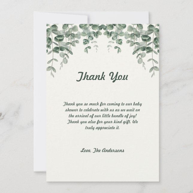 Green Eucalyptus Leaves Baby Shower Thank You Card (Front)