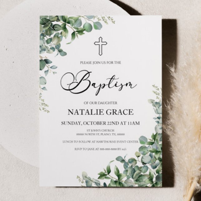 Green Eucalyptus Leaves Botanical Baptism Invitation (Creator Uploaded)