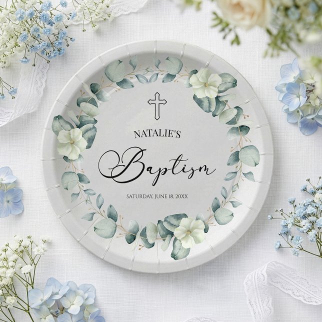 Green Eucalyptus Leaves Botanical Baptism Paper Plate (Creator Uploaded)