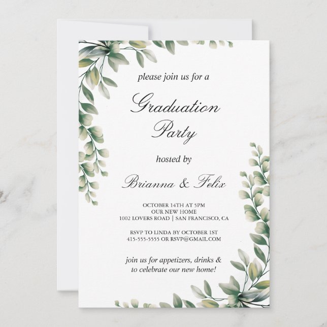 Green Eucalyptus Leaves Botanical Graduation Party Invitation (Front)