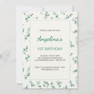 Green Eucalyptus Leaves First Birthday   Invitation