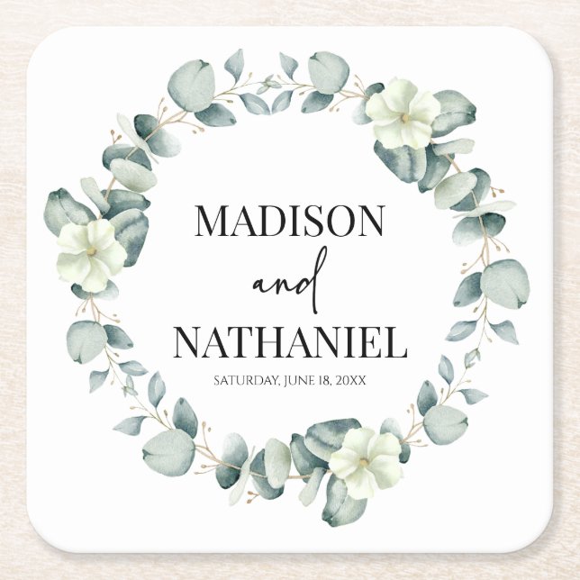 Green Eucalyptus Leaves Greenery Botanical Wedding Square Paper Coaster (Front)