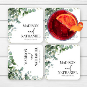 Green Eucalyptus Leaves Greenery Botanical Wedding Square Paper Coaster