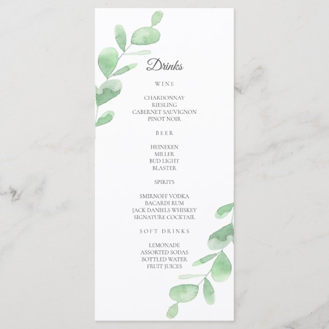 Green Eucalyptus leaves. Simple wedding Bar Menu (Front)