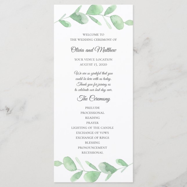 Green eucalyptus leaves. Simple Wedding Program Menu (Front)