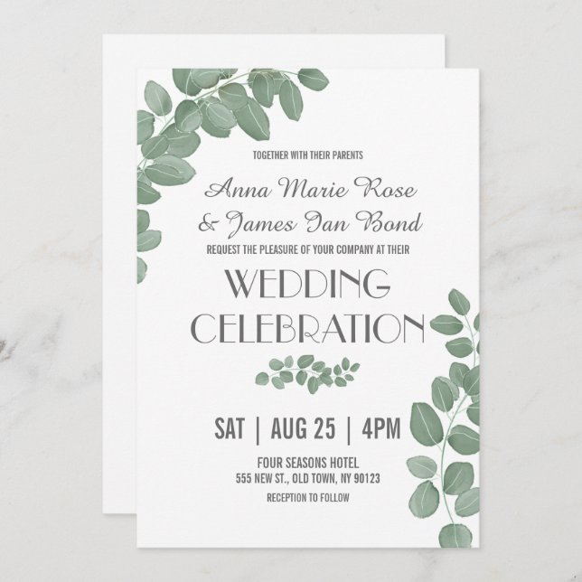 Green Eucalyptus Leaves Wedding Invitations (Front/Back)