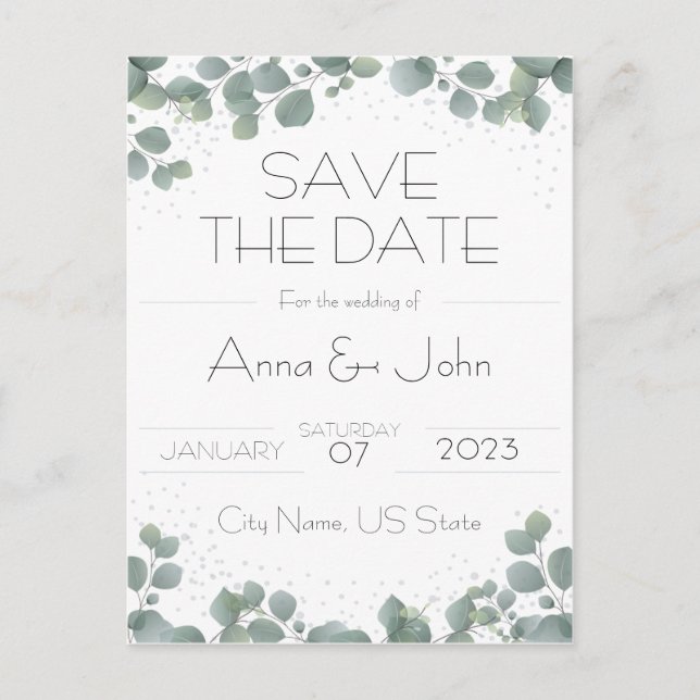 Green Eucalyptus Modern Greenery Save the Date Postcard (Front)