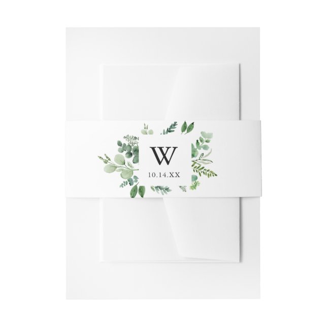 Green Eucalyptus Monogram Wedding Invitation Belly Band (Front Example)