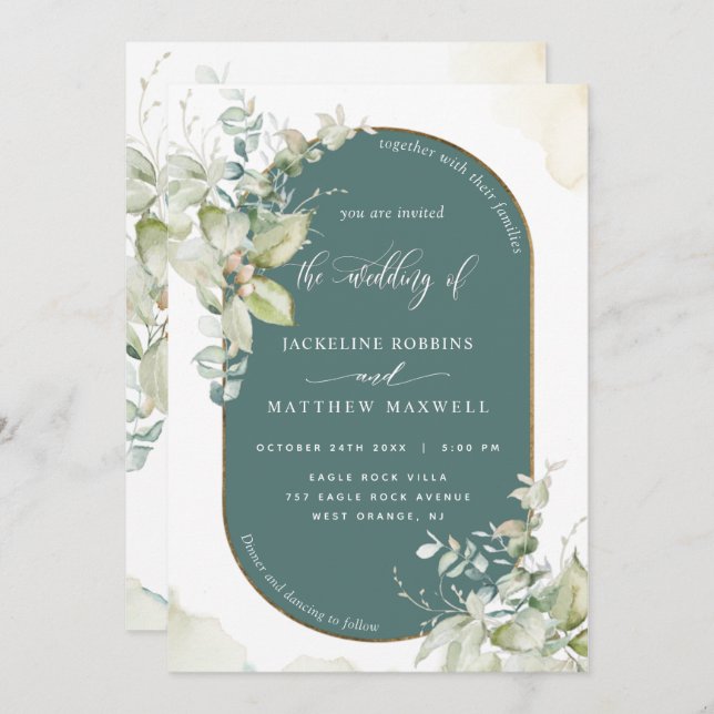 Green, Eucalyptus Oval Arch, Greenery Wedding Invitation (Front/Back)