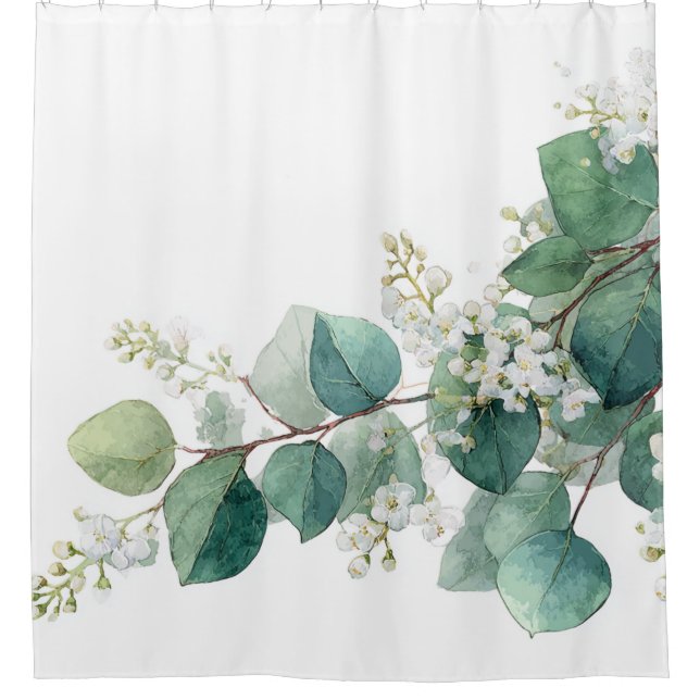 Green Eucalyptus Pastel Floral Whimsical Botanical Shower Curtain (Front)