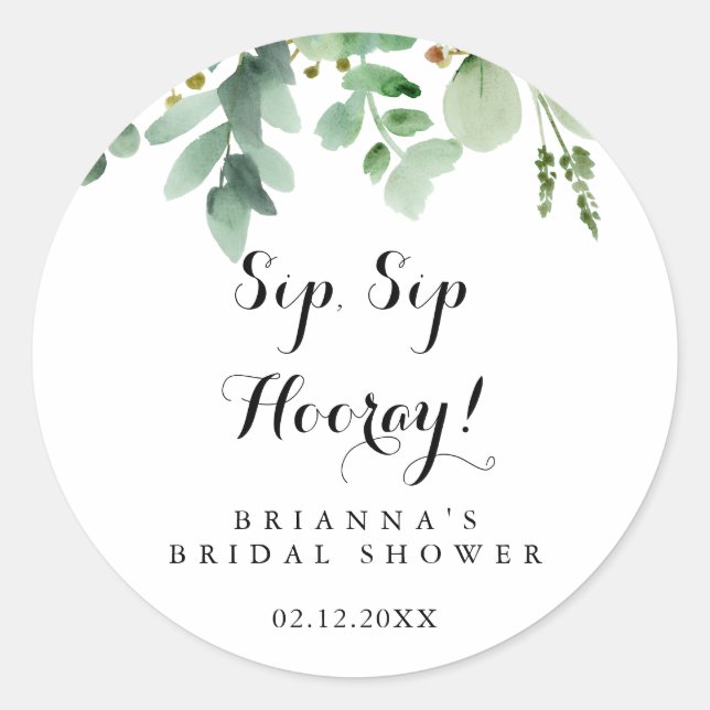 Green Eucalyptus Sip Sip Hooray Bridal Shower Classic Round Sticker (Front)
