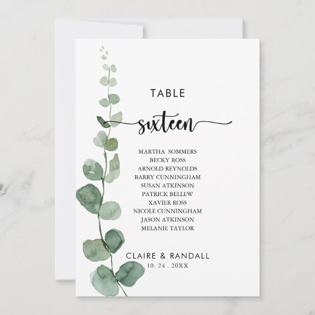 Green Eucalyptus Table Number 16 Seating Chart (Front)