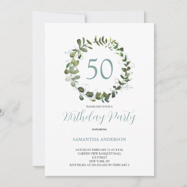 Green Eucalyptus Watercolor 50th Birthday  Invitation (Front)