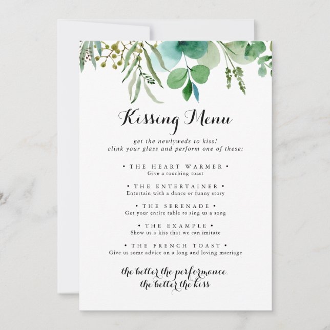 Green Eucalyptus Wedding Kissing Menu Game Card (Front)