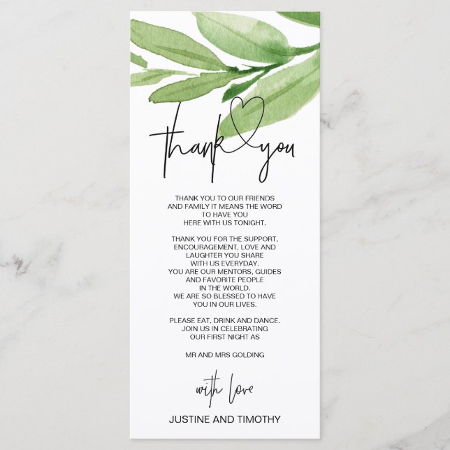 Green Eucalyptus Wedding Thank You Table Setting Menu (Front)