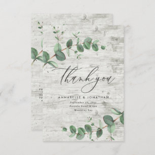 green eucalyptus white wood wedding thank you RSVP card