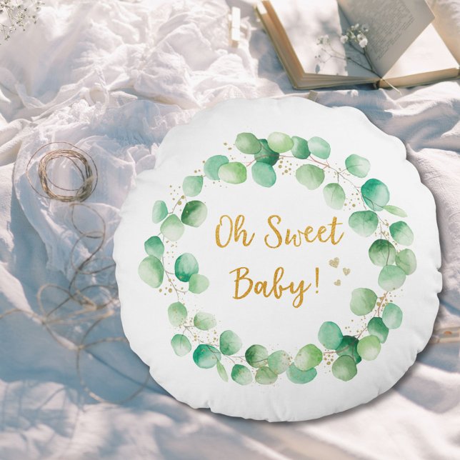 Green Eucalyptus Wood Quote Baby Nursery Round Cushion (In situ)
