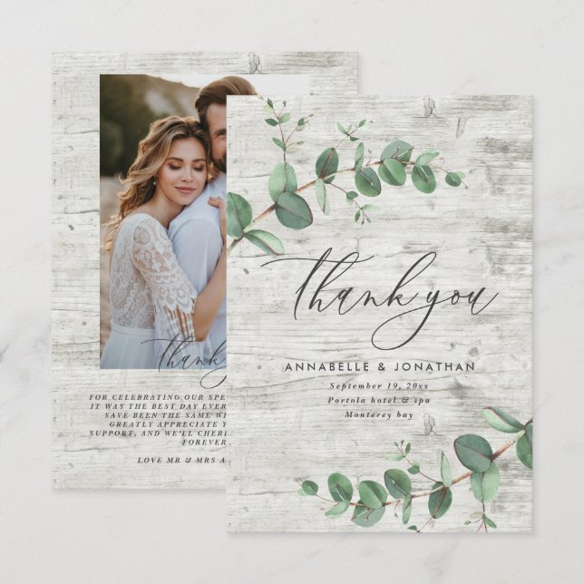 green eucalyptus wood wedding photo thank you RSVP card (Front/Back)