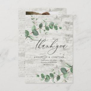 green eucalyptus wood wedding photo thank you RSVP card
