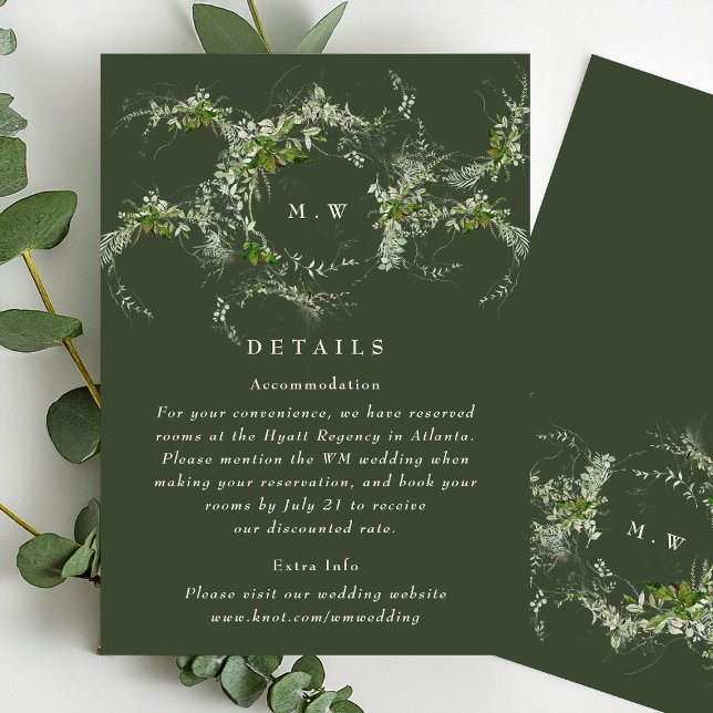 Green Eucalyptus Wreath Monogram Wedding Details Enclosure Card (Creator Uploaded)