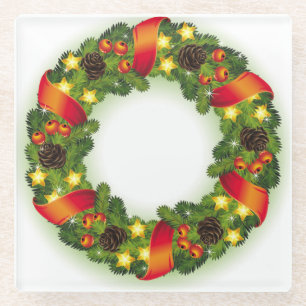 GREEN EVERGREEN CHRISTMAS WREATH WITH RED RIBBONS GLASS COASTER