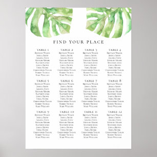 Green exotic seating chart print. Tropical wedding