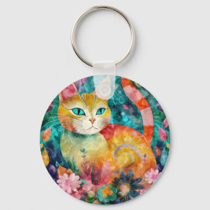 Green Eye Cat Surrounded by Array of Flowers Key Ring