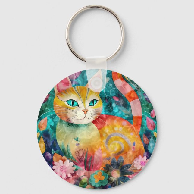 Green Eye Cat Surrounded by Array of Flowers Key Ring (Front)