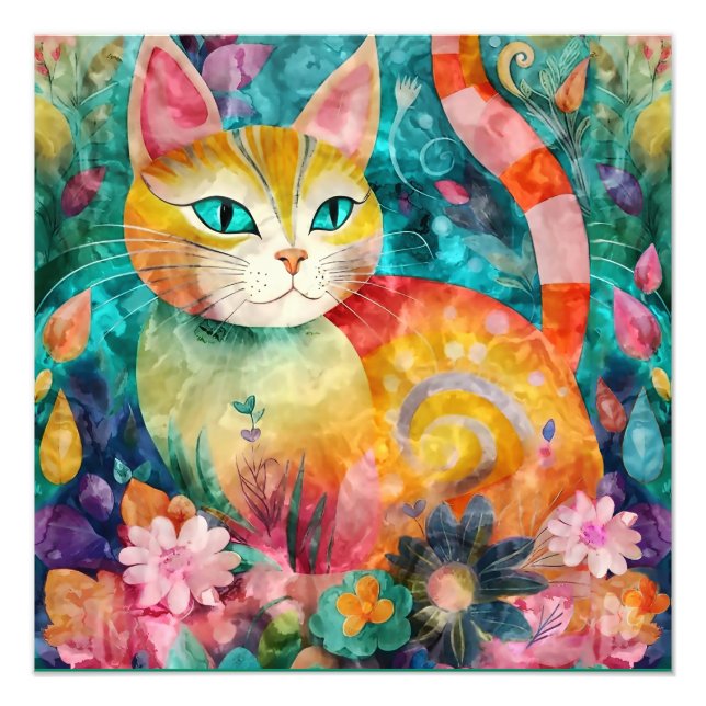 Green Eye Cat Surrounded by Array of Flowers Photo Print (Front)
