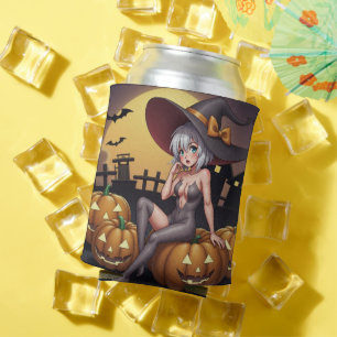 Green Eye Halloween Witch on Jack-O-Lantern's Can Cooler