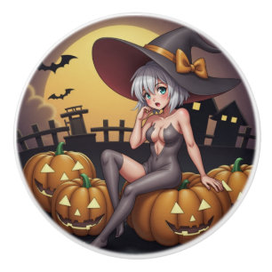 Green Eye Halloween Witch on Jack-O-Lantern's Ceramic Knob