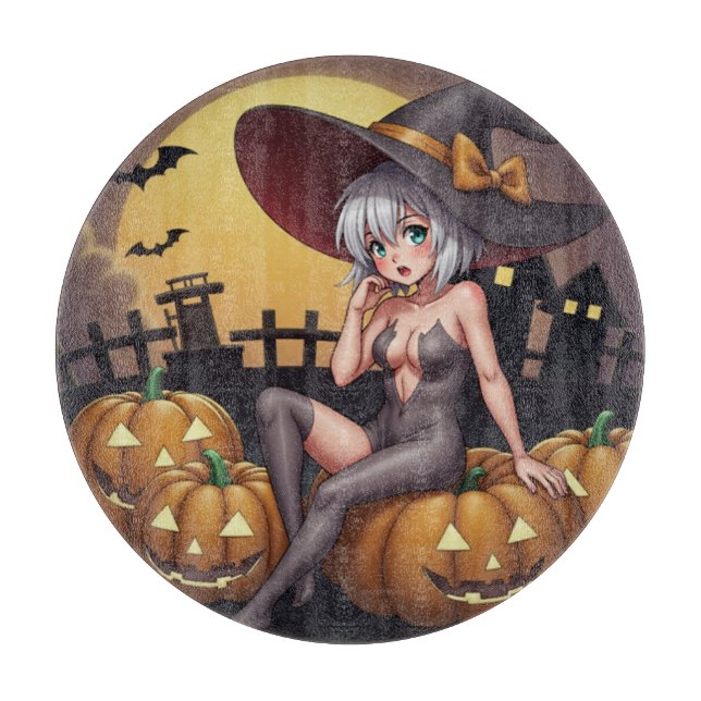 Green Eye Halloween Witch on Jack-O-Lantern's Cutting Board (Front)