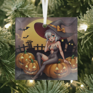 Green Eye Halloween Witch on Jack-O-Lantern's Glass Tree Decoration