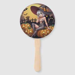 Green Eye Halloween Witch on Jack-O-Lantern's Hand Fan