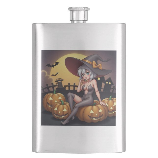 Green Eye Halloween Witch on Jack-O-Lantern's Hip Flask (Front)