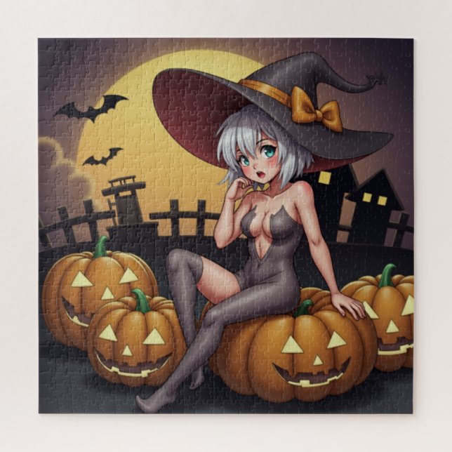 Green Eye Halloween Witch on Jack-O-Lantern's Jigsaw Puzzle (Vertical)