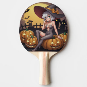 Green Eye Halloween Witch on Jack-O-Lantern's Ping Pong Paddle