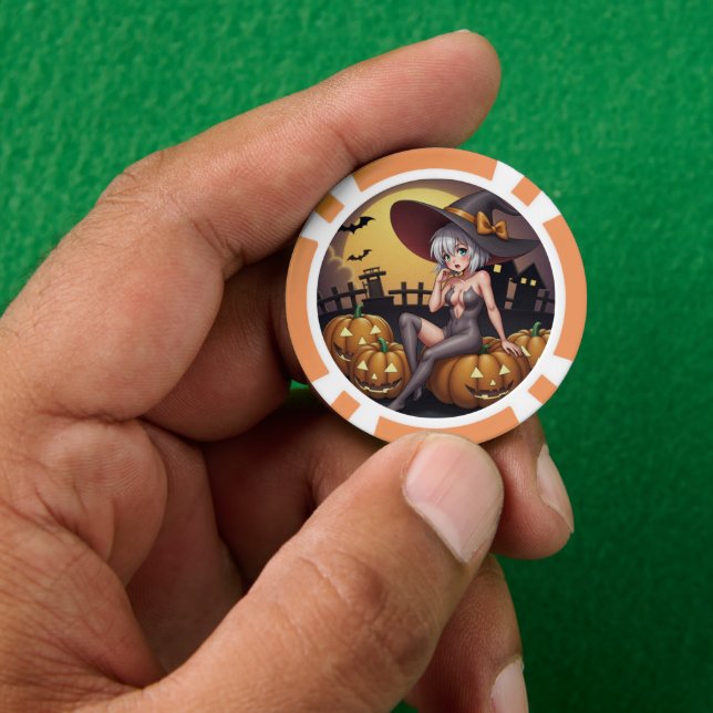 Green Eye Halloween Witch on Jack-O-Lantern's Poker Chips (Hand)